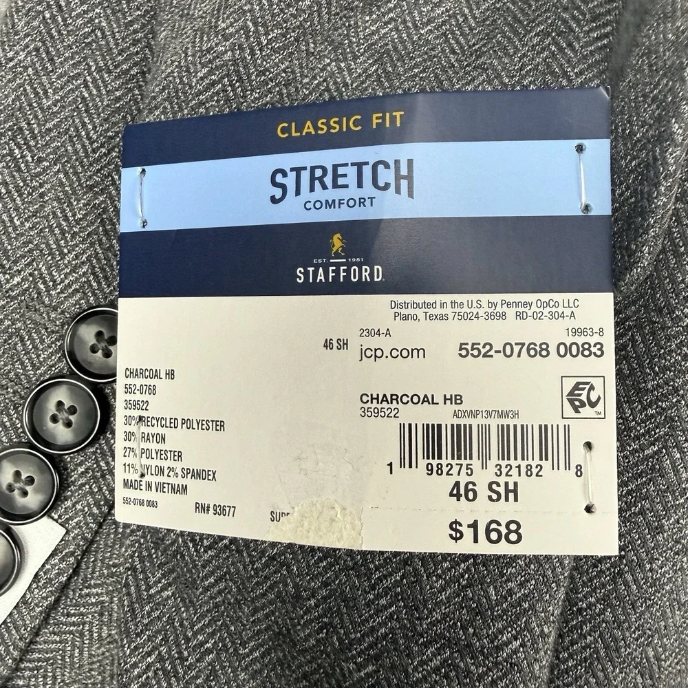 NEW $168 Stafford Men Blazer 46 Short Gray Herringbone Stretch Sport Coat Jacket